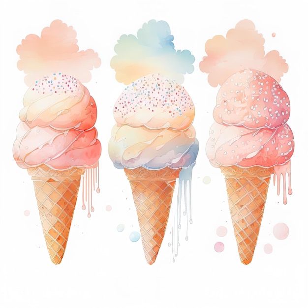 Watercolor painting of three ice cream cones with sprinkles and a rainbow.