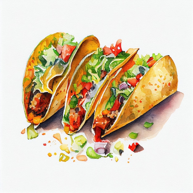 A watercolor painting of three tacos with a tomato sauce on top.