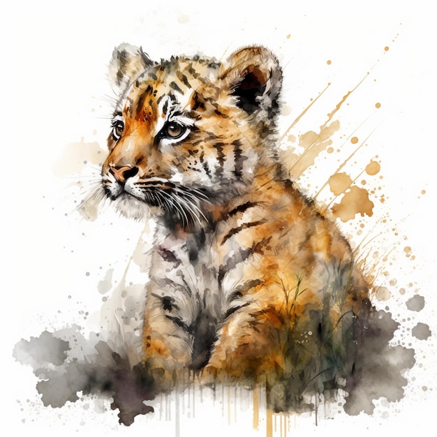 A watercolor painting of a tiger cub with spray paint splatters.