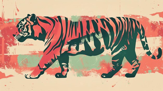 Photo a watercolor painting of a tiger walking in front of a colorful background the tiger is in midstride with its head turned slightly to the left