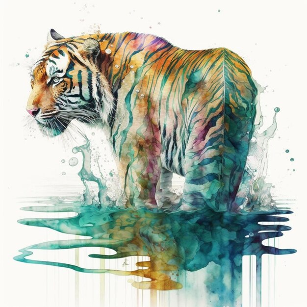 A watercolor painting of a tiger in water