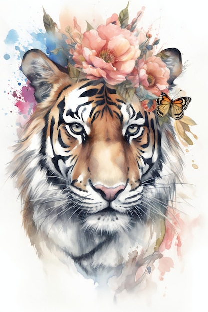 A watercolor painting of a tiger with a flower crown on his head.