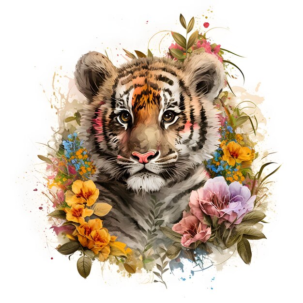 A watercolor painting of a tiger with flowers and leaves.