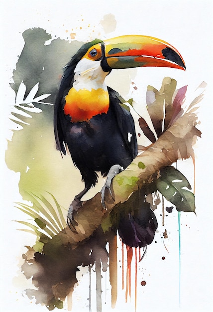 A watercolor painting of a toucan with a yellow bill.