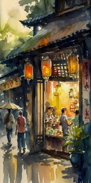 Photo watercolor painting of a traditional chinese shop in a bustling quarter