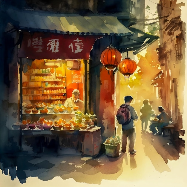 Watercolor painting of a traditional Chinese shop in a bustling quarter