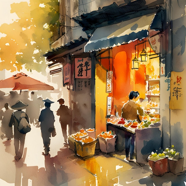 Акварельный рисунок традиционного китайского магазина в шумном квартале
