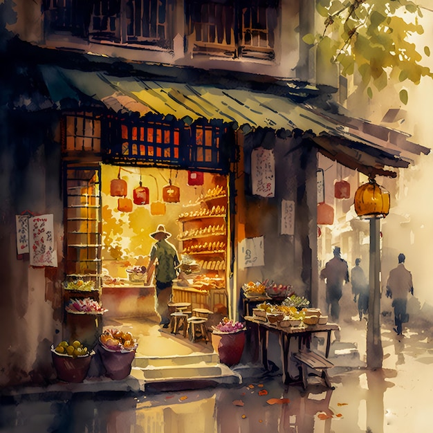 にぎやかな地区にある伝統的な中国の店の水彩画
