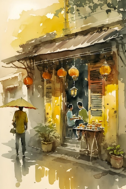 Watercolor painting of a traditional Chinese shop in a bustling quarter