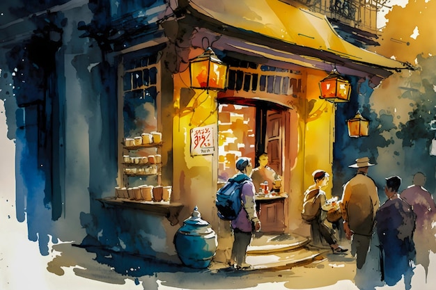 Watercolor painting of a traditional Chinese shop in a bustling quarter