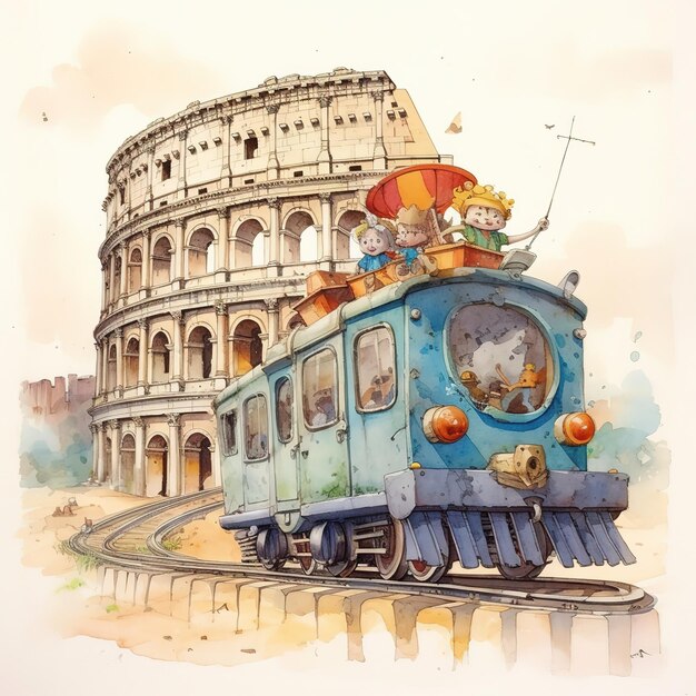 A watercolor painting of a train with a picture of a colosseum in the background.