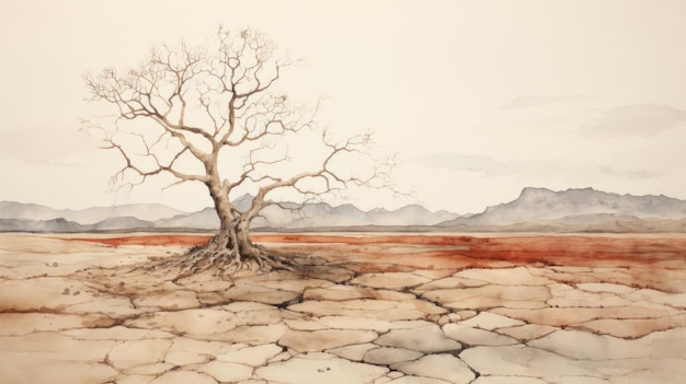 Акварельная картина дерева в пустыне.