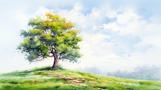 Watercolor Painting Of A Tree On A Grassy Hill