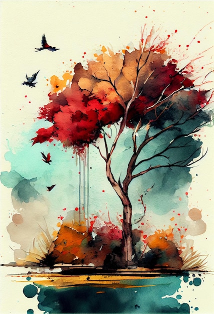 A watercolor painting of a tree with birds flying around it.