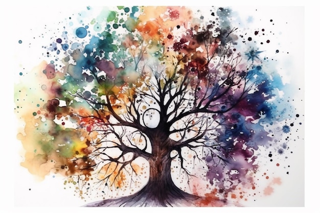 A watercolor painting of a tree with different colors.