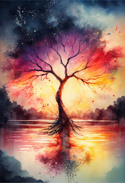A watercolor painting of a tree with roots in the water.