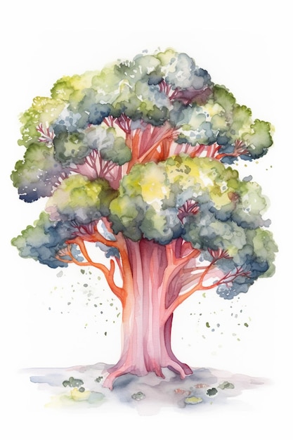 "나무"라는 단어가 있는 나무의 수채화 그림.