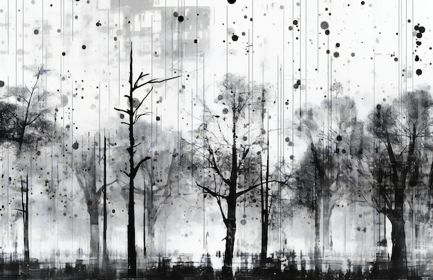 Photo watercolor painting of trees in a forest black and white