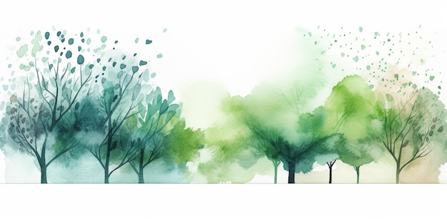 緑と青の木々を描いた水彩画。