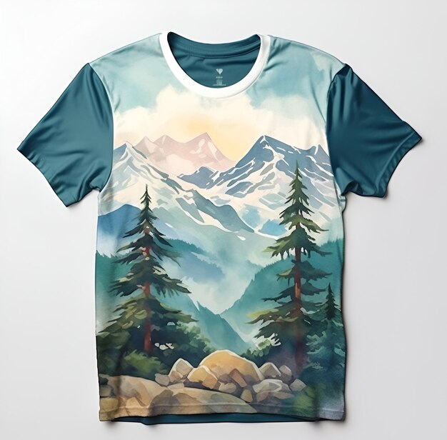 watercolor painting of trees and mountains