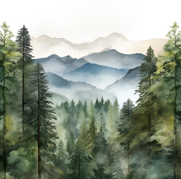 watercolor painting of trees and mountains