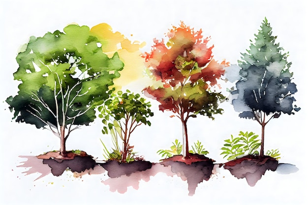 A watercolor painting of trees with different colors.