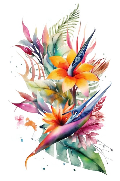 A watercolor painting of a tropical flower and a bird with a long tail.