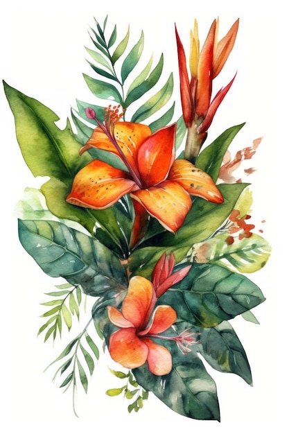 A watercolor painting of a tropical flower with orange flowers.