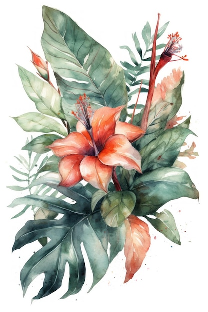 A watercolor painting of a tropical flower with a red flower.