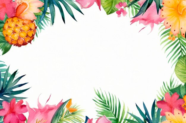 Watercolor painting of tropical flowers and leaves on white background Generative AI