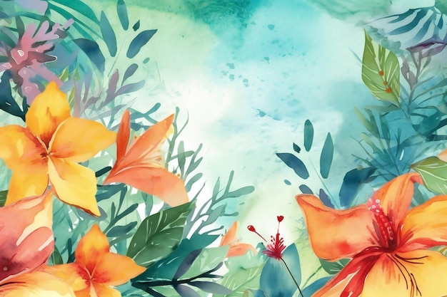 A watercolor painting of tropical flowers with green leaves