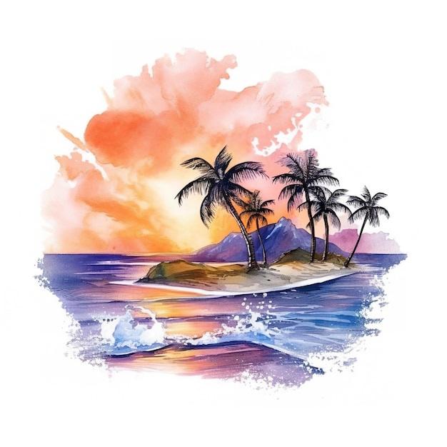 A watercolor painting of a tropical island with palm trees generative ai image