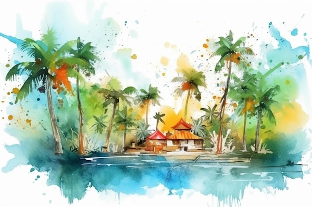 A watercolor painting of a tropical island with palm trees and a house in the foreground.