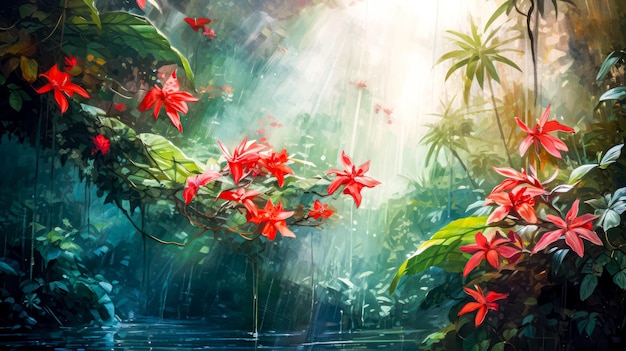 Watercolor painting of tropical rainforest with waterfall and red flowers