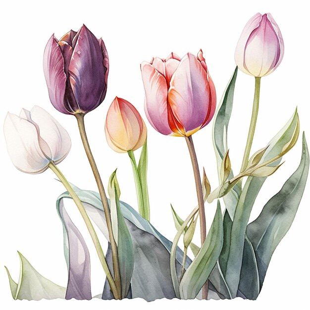 Photo a watercolor painting of tulips with the word tulips on the bottom.