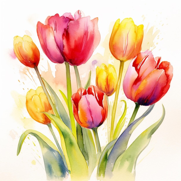 A watercolor painting of tulips with yellow, red, and pink colors.