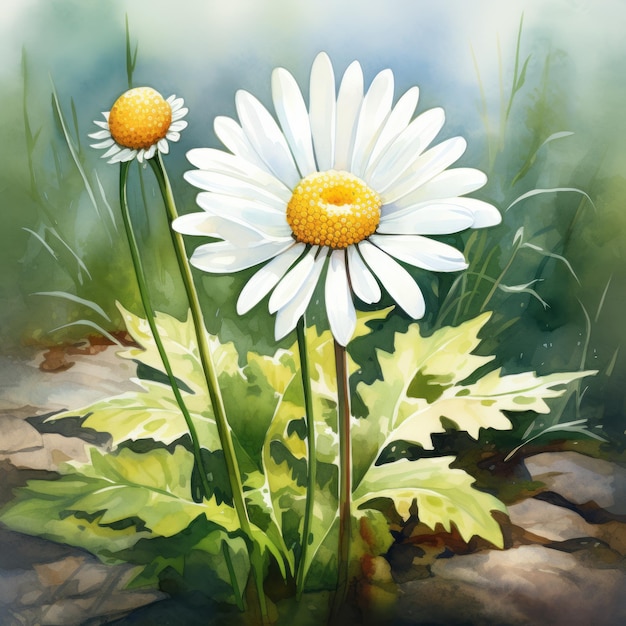 Watercolor painting of tundra daisy in cartoon style
