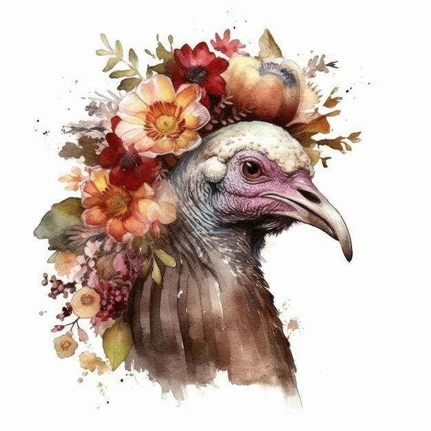 A watercolor painting of a turkey with a flower crown.