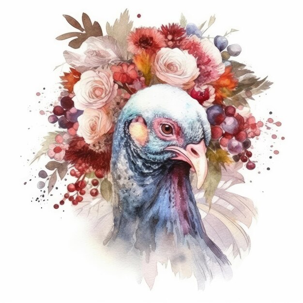 A watercolor painting of a turkey with flowers.