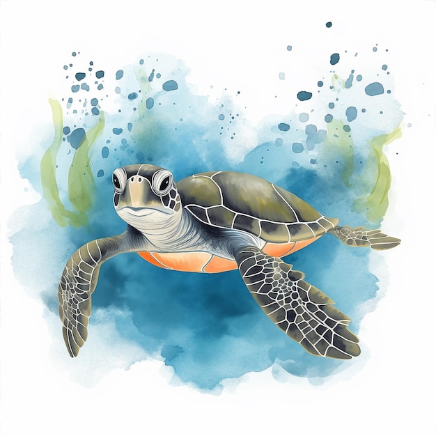 A watercolor painting of a turtle that is painted with the words sea turtle.