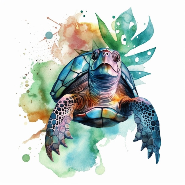 Photo a watercolor painting of a turtle with green leaves on it.