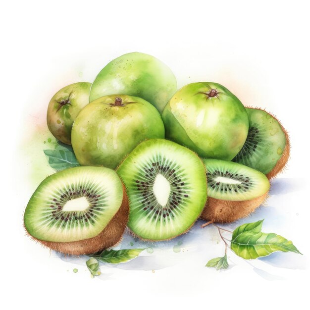 Watercolor painting of tw kiwi's on white background Generate Ai