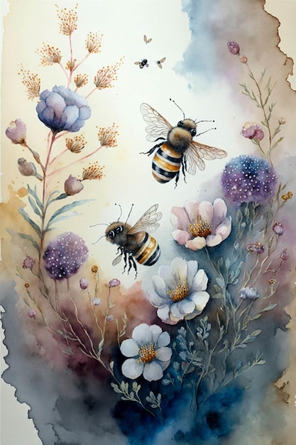 Watercolor painting of two bees and flowers generative ai