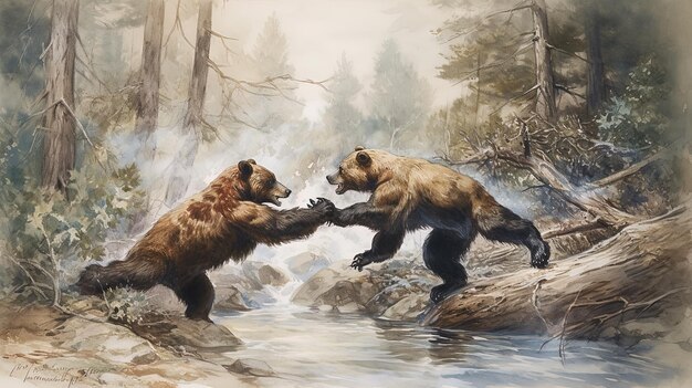 Акварельная картина двух бурых медведей или медведей гризли, сражающихсяСгенерировано с помощью ИИ