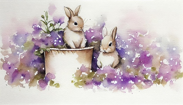 A watercolor painting of two bunnies in a flower garden.