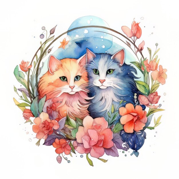 花の中にいる2匹の猫の水彩画