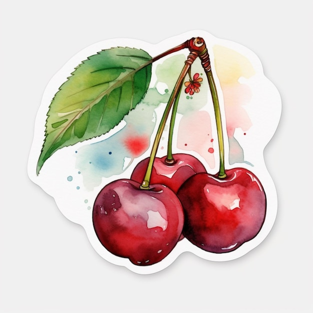 A watercolor painting of two cherries with a green leaf on it.