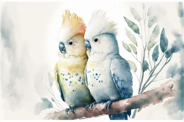 A watercolor painting of two cockatiels sitting on a branch.