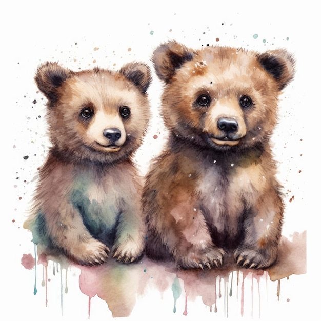 Watercolor painting of a two cute love bears on white background Al generated