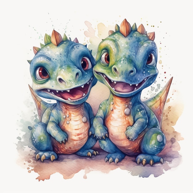 A watercolor painting of two dragons sitting together.